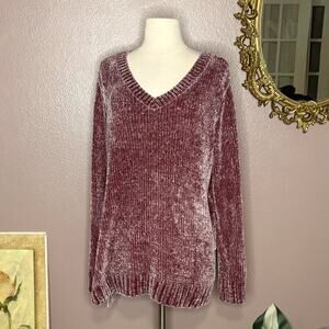 Orvis Chenille Sweater Women’s Large L V-Neck Long Sleeve Soft Dusty Rose Pink